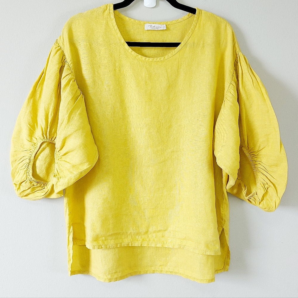Bellambia Linen Peasant Top Small Yellow Airy Puff Balloon Sleeves Elastic Cuffs